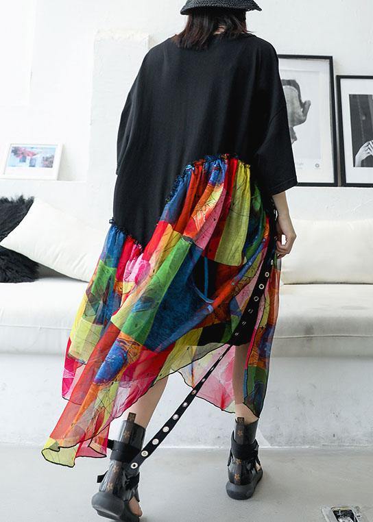 Women's Summer Dress Black Cotton Chiffon Patchwork-4