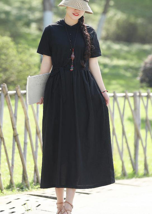Women's Long Sleeve Dress Black Linen Tie Waist Summer-1