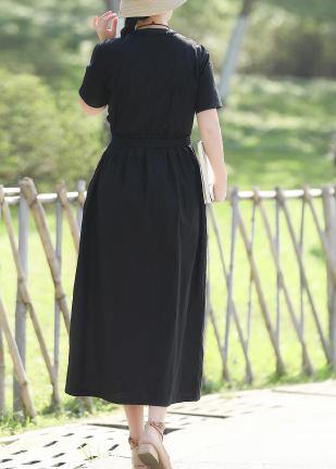 Women's Long Sleeve Dress Black Linen Tie Waist Summer-4