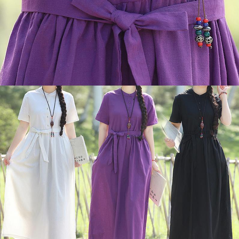 Women's Long Sleeve Dress Black Linen Tie Waist Summer-5