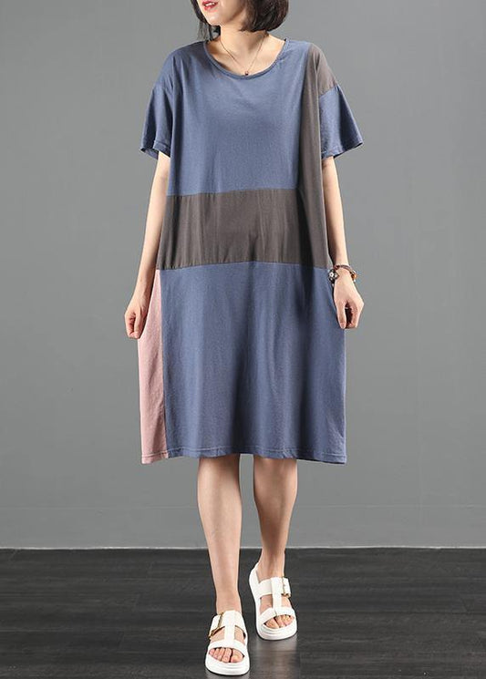Women's Plus Size Summer Dress Blue Cotton O-Neck Patchwork-1