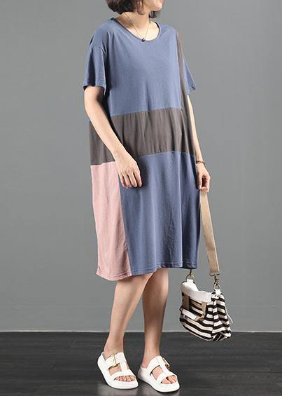 Women's Plus Size Summer Dress Blue Cotton O-Neck Patchwork-2