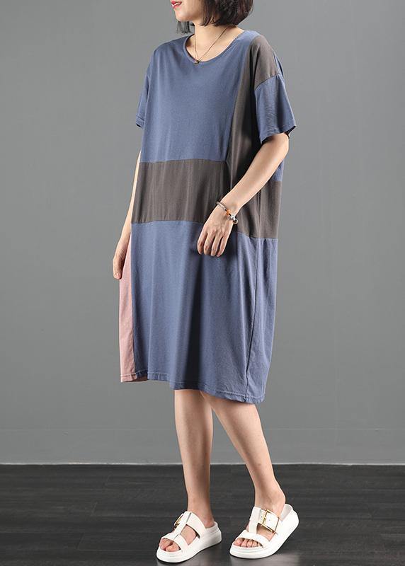 Women's Plus Size Summer Dress Blue Cotton O-Neck Patchwork-3