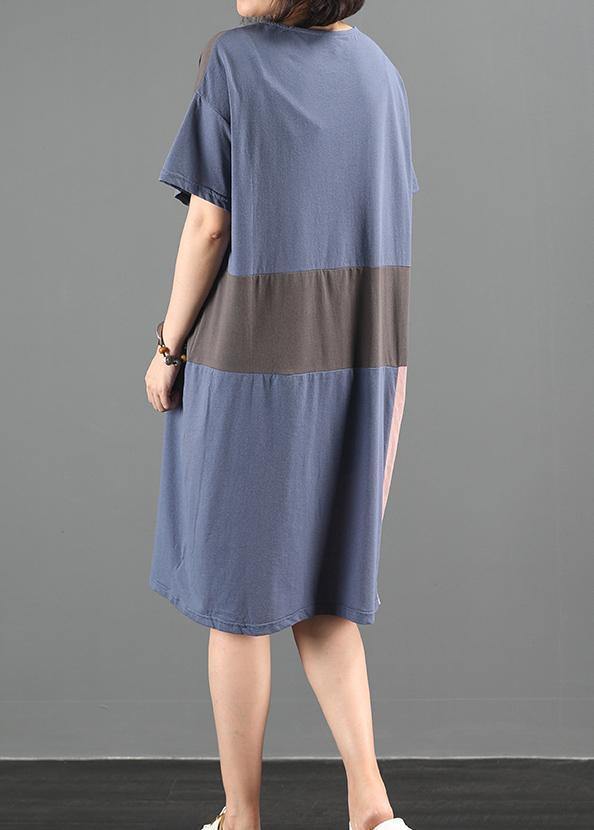 Women's Plus Size Summer Dress Blue Cotton O-Neck Patchwork-4