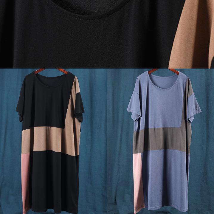 Women's Plus Size Summer Dress Blue Cotton O-Neck Patchwork-5