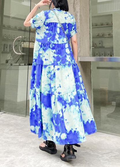 Women's Plus Size Tunic Dress Blue Cotton Stand Collar-4