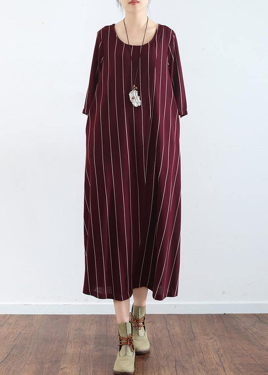 Women's Plus Size Summer Dress Burgundy Cotton Striped Maxi-1