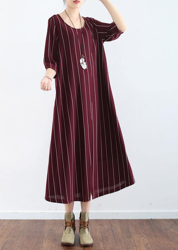 Women's Plus Size Summer Dress Burgundy Cotton Striped Maxi-3