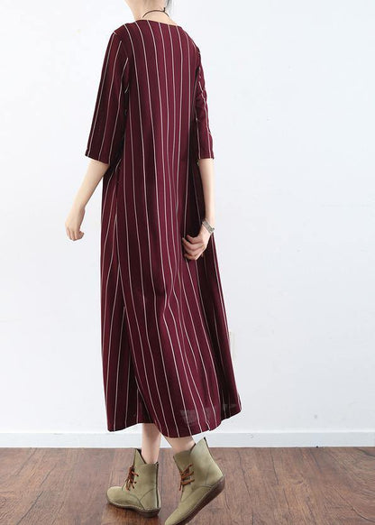 Women's Plus Size Summer Dress Burgundy Cotton Striped Maxi-4