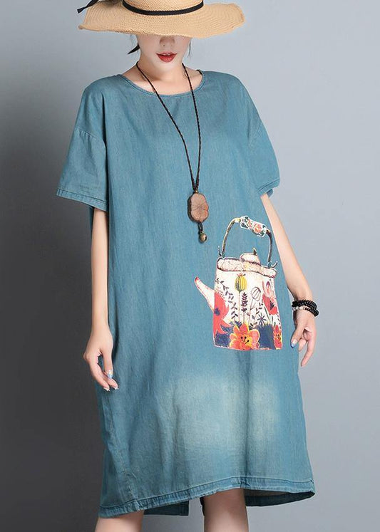 Women's A-Line Dress Blue Denim Cotton with Pockets-1