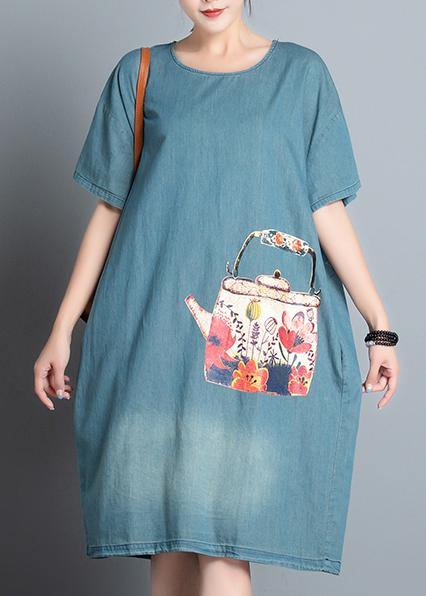 Women's A-Line Dress Blue Denim Cotton with Pockets-2