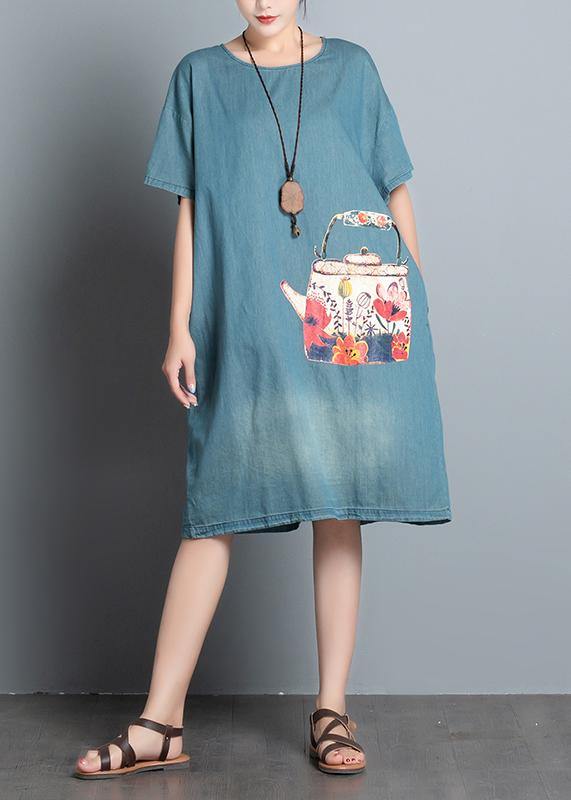 Women's A-Line Dress Blue Denim Cotton with Pockets-3