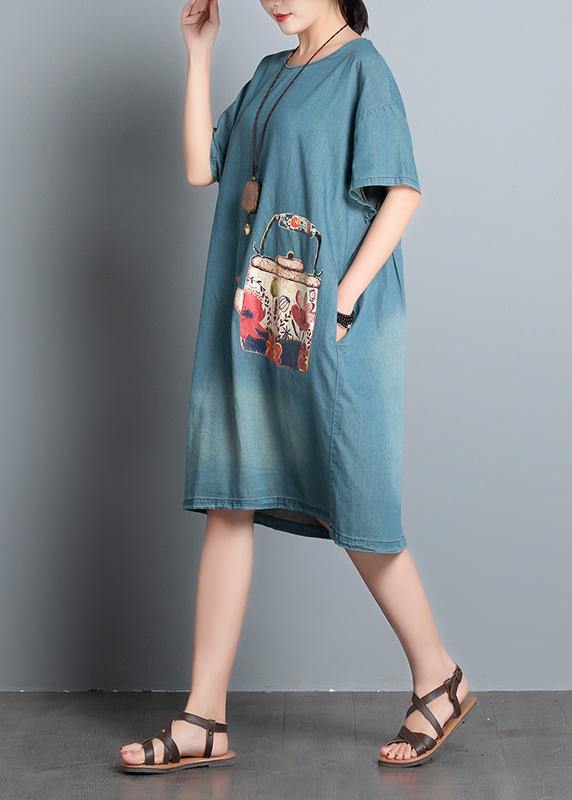Women's A-Line Dress Blue Denim Cotton with Pockets-4