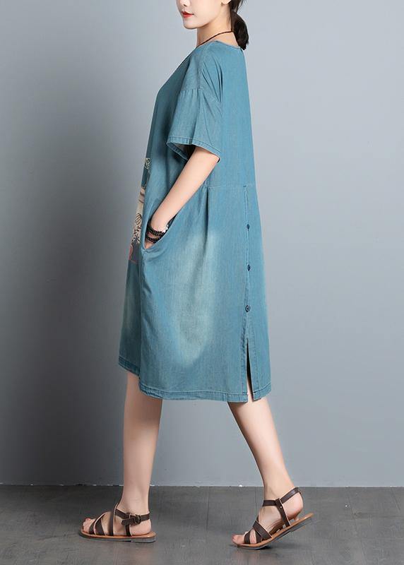 Women's A-Line Dress Blue Denim Cotton with Pockets-5