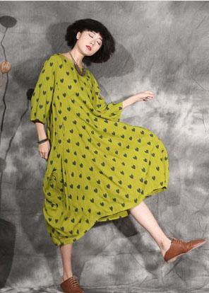 Women's Summer Dress Yellow Dotted Linen-3