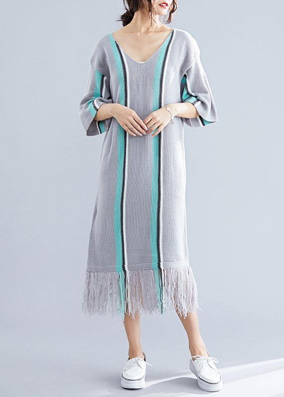 Women's Tunic Dress Gray Cotton V-Neck Loose Fit-1