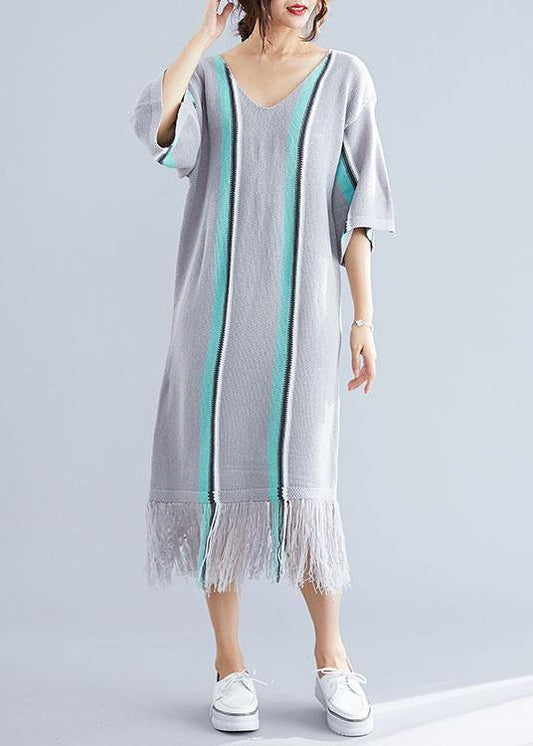 Women's Tunic Dress Gray Cotton V-Neck Loose Fit-2