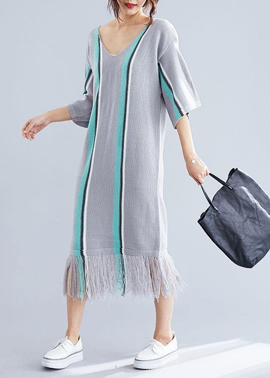 Women's Tunic Dress Gray Cotton V-Neck Loose Fit-3