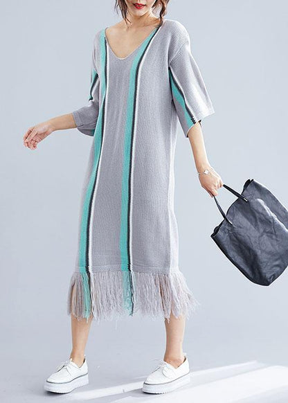 Women's Tunic Dress Gray Cotton V-Neck Loose Fit-3