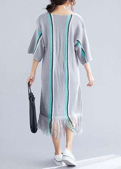 Women's Tunic Dress Gray Cotton V-Neck Loose Fit-4