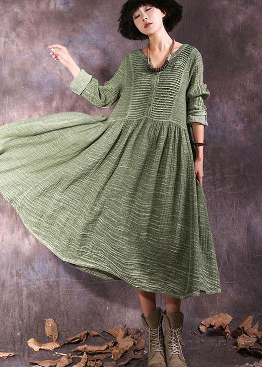 Women's Maxi Dress Green Cotton Long Sleeve V-Neck-1