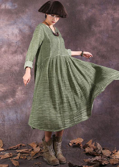 Women's Maxi Dress Green Cotton Long Sleeve V-Neck-3