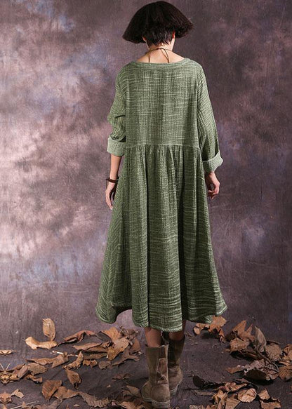 Women's Maxi Dress Green Cotton Long Sleeve V-Neck-4