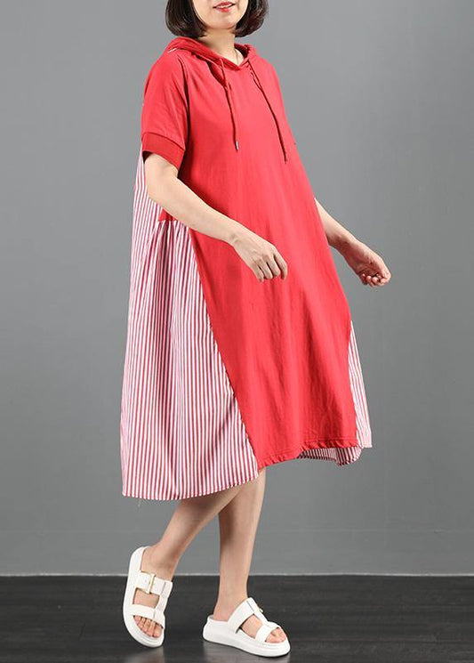 Women's Maxi Dress Red Cotton Hooded Patchwork Striped-1