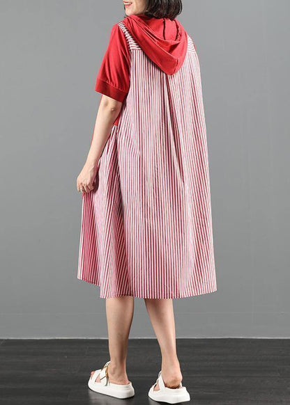 Women's Maxi Dress Red Cotton Hooded Patchwork Striped-4