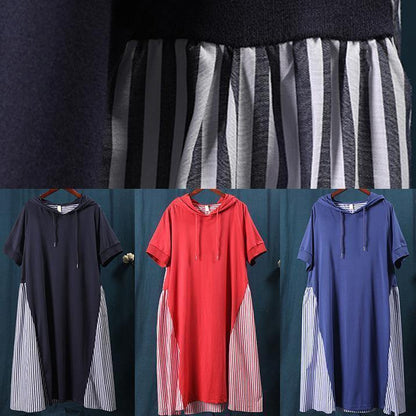 Women's Maxi Dress Red Cotton Hooded Patchwork Striped-5