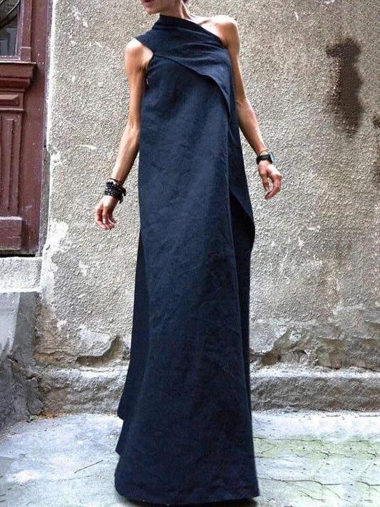 Women's Summer Dress Navy Cotton Linen Patchwork-1