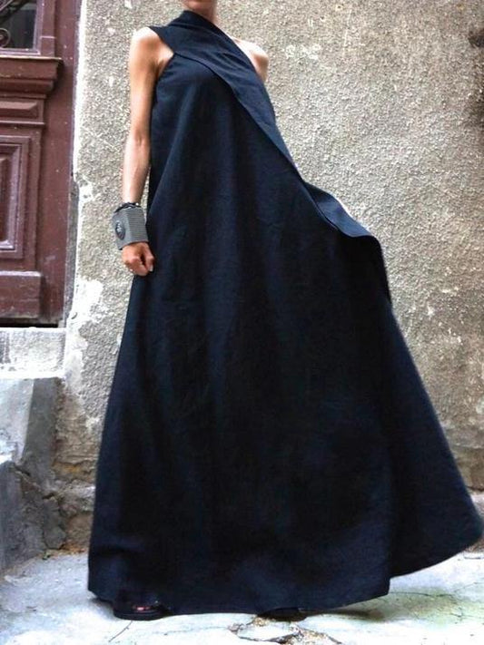 Women's Summer Dress Navy Cotton Linen Patchwork-2