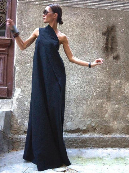 Women's Summer Dress Navy Cotton Linen Patchwork-3
