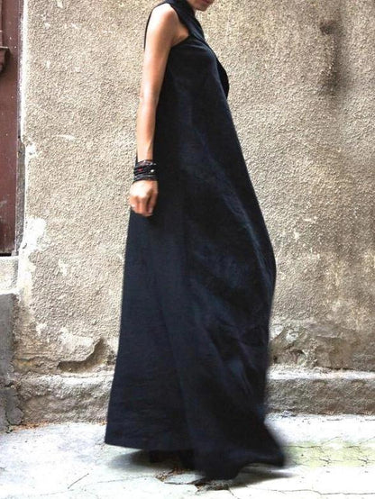 Women's Summer Dress Navy Cotton Linen Patchwork-4