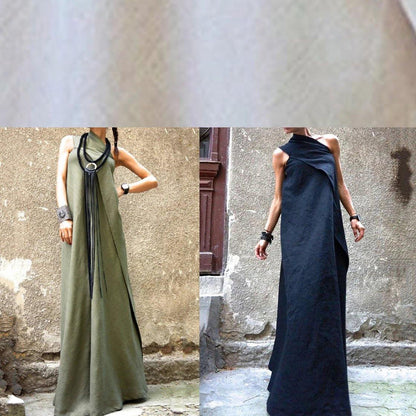 Women's Summer Dress Navy Cotton Linen Patchwork-5