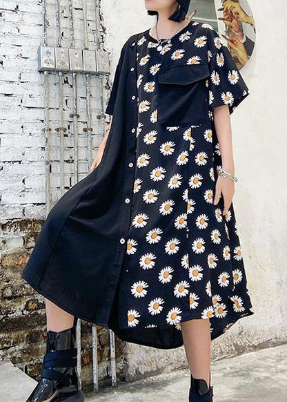 Women's Asymmetric Dress Black Cotton Blend-2