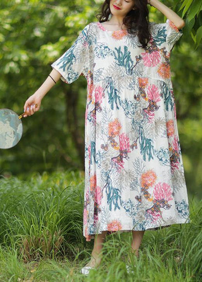 Women's Summer Dress White Cotton Linen Baggy O-Neck-2