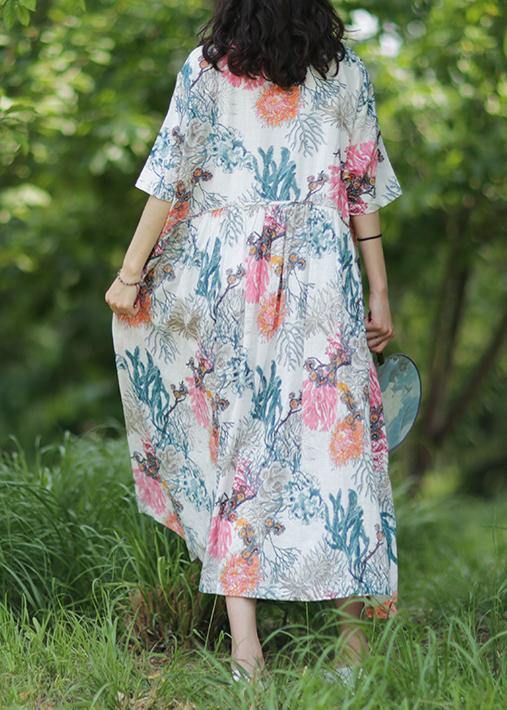 Women's Summer Dress White Cotton Linen Baggy O-Neck-4