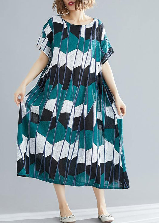 Women's Plus Size Summer Dress Black Green Plaid Chiffon-1
