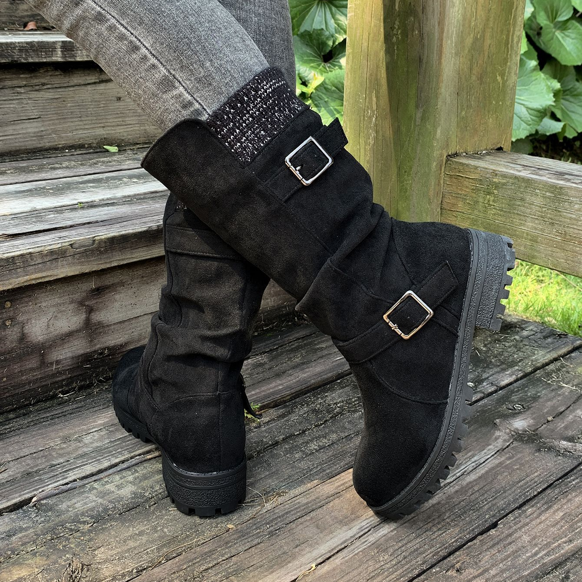 Women's Knit-Panel Mid-Calf Boots in Black – rear three-quarter view | Hensley London