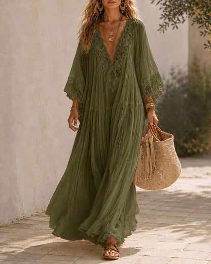 Women's Lace Trim Chiffon Maxi Dress in Army Green – Front view | Hensley London