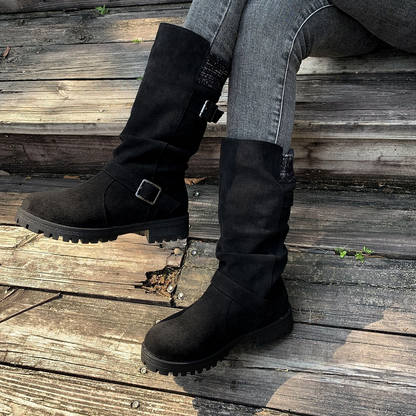 Women's Knit-Panel Mid-Calf Boots in Black – front view on feet | Hensley London