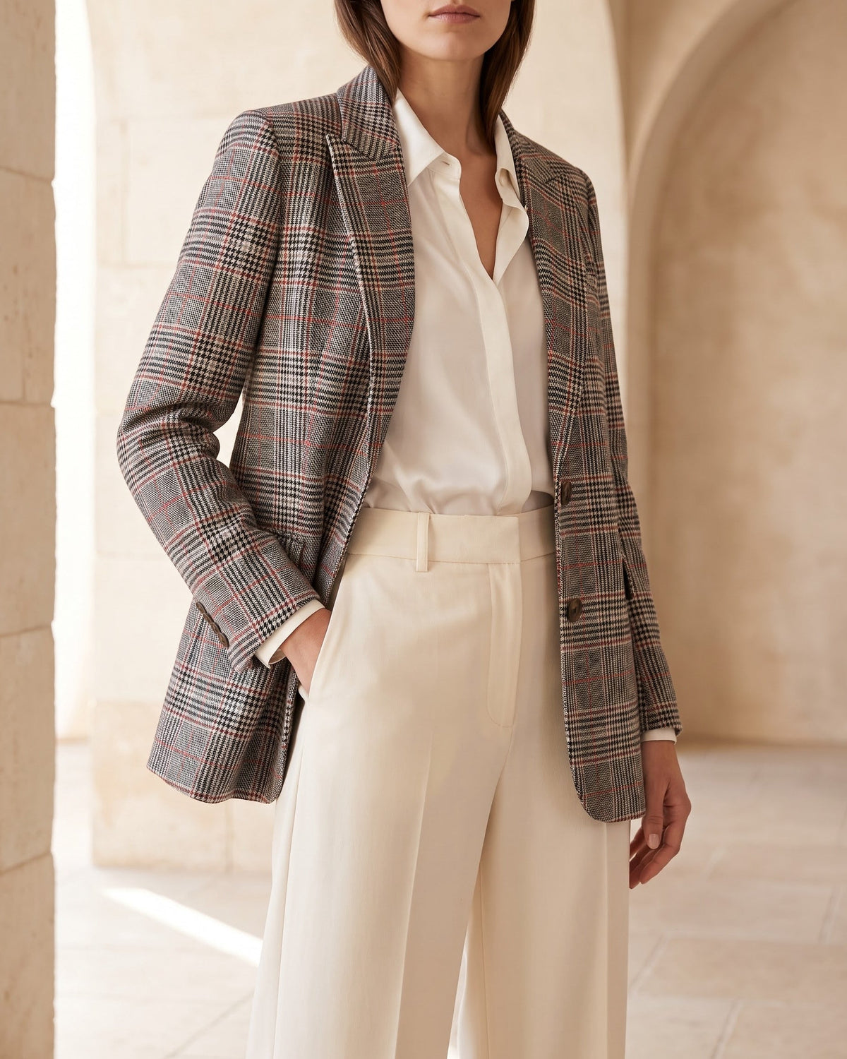 Women's Glen-Plaid Notched-Lapel Blazer in Brown Red Plaid – additional view | Hensley London