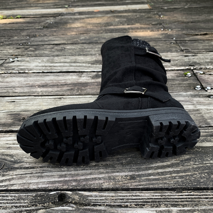 Women's Knit-Panel Mid-Calf Boots in Black – outsole detail | Hensley London