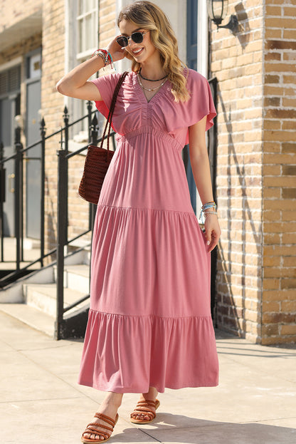 Rose Pink Textured V Neck Flutter Sleeve Ruffled Maxi Dress