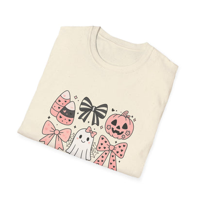 Halloween Themed Unisex Softstyle T-Shirt with Cute Bows and Ghosts, Spooky Shirt, Fall Fashion, Trick or Treat, Gift for Her