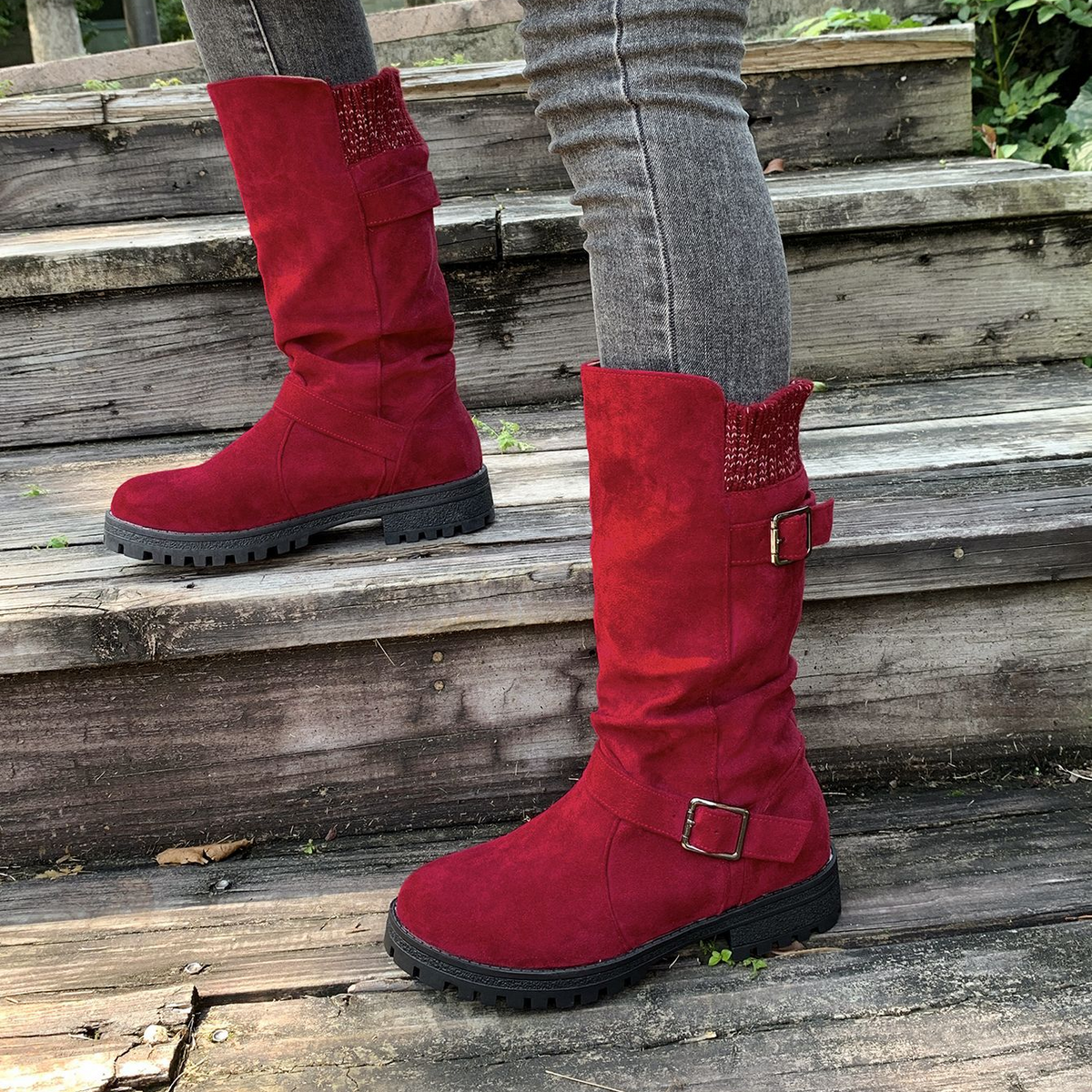 Women's Knit-Panel Mid-Calf Boots in Red – side view on feet | Hensley London