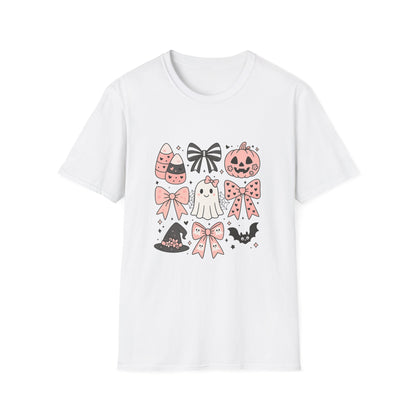 Halloween Themed Unisex Softstyle T-Shirt with Cute Bows and Ghosts, Spooky Shirt, Fall Fashion, Trick or Treat, Gift for Her