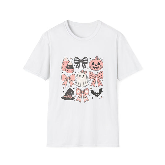 Halloween Themed Unisex Softstyle T-Shirt with Cute Bows and Ghosts, Spooky Shirt, Fall Fashion, Trick or Treat, Gift for Her
