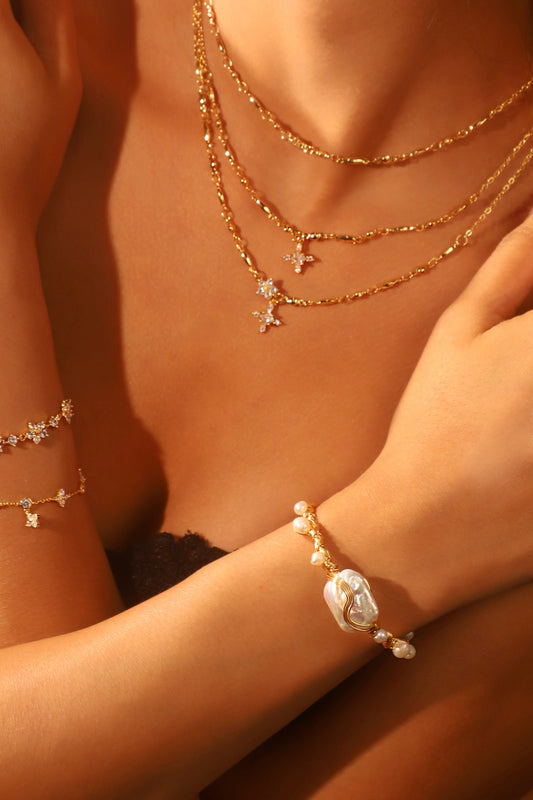 Unisex Bracelet Gold Freshwater Pearls Stretchable - 2